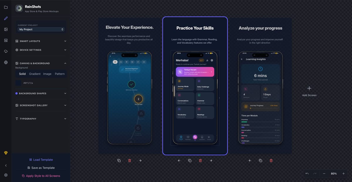 ReinShots App Store Screenshot Maker UI displaying connected panoramic mobile screens with vibrant gradients