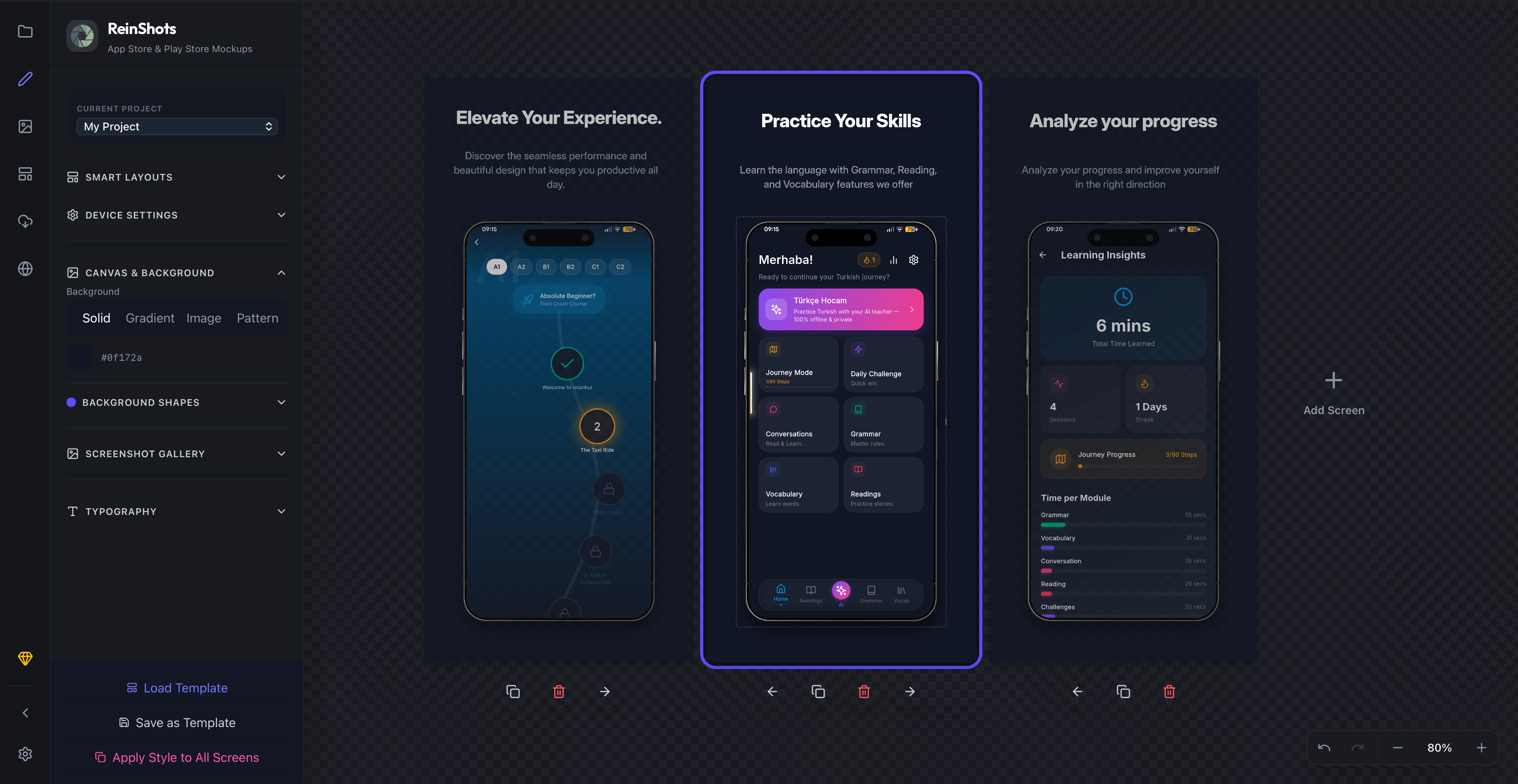ReinShots App Store Screenshot Maker UI displaying connected panoramic mobile screens with vibrant gradients